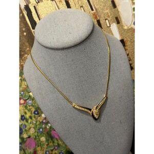 Trifari Necklace  V Pendant Gold Tone Black Enamel Rhinestone Vintage 80s